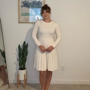 Merokeety Cream Knit A-Line Dress • Size M • Long Sleeve Ribbed + Pleated Skirt